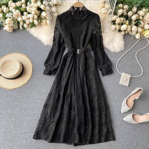 2021 New Spring and Autumn Women black Lace Hollow out Dress fashion High waist Long sleeve Dress women