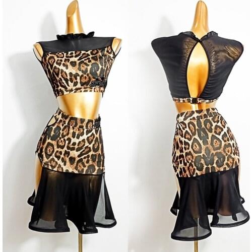 New Latin Dance Dress Adult Sexy Tops Latin Dance Skirt Leopard Performance Clothing Women Salsa Samba Cha-Cha Costume VDB2285