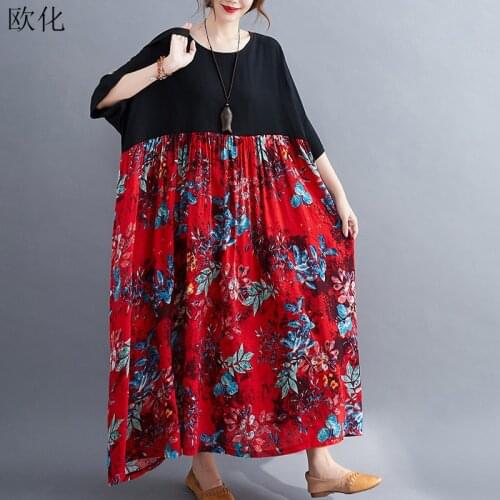 Larges Size Art Ethnic Style Floral Printed Stitching Maxi Dress Summer Plus Size 4XL 5XL 6XL Boho Dresses For Women 2020 Robe