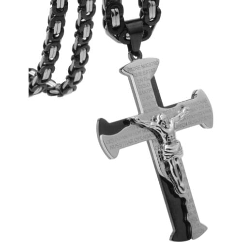 Granny Chic 361L Stainless Steel Black Silver Color Jesus Cross Pendant Necklaces 6mm Heavy Link Byzantine Chain Men Necklace