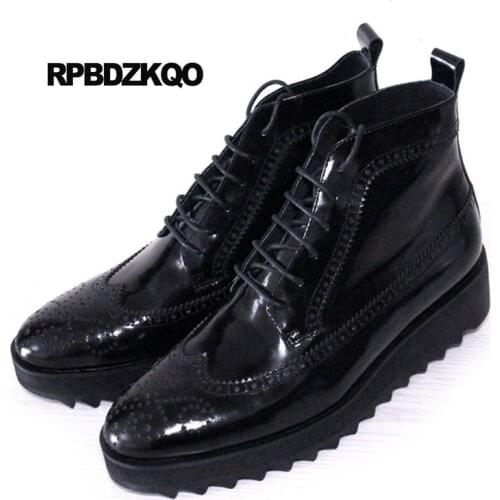 Brogue Wedge Oxford Mid Calf Ankle Runway Booties Shoes High Sole Mens Black Patent Leather Boots Male Sock Wingtip Thick Soled