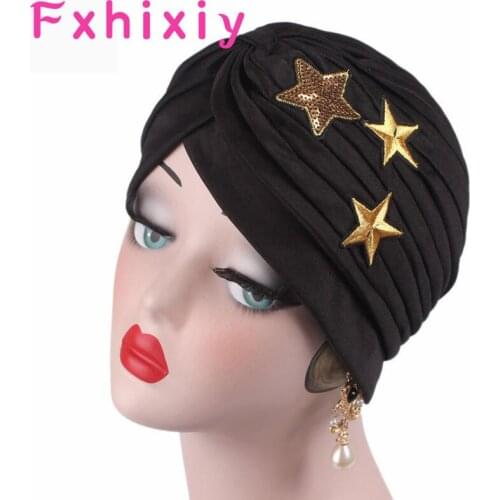 Fashion Twist Knot Muslim Women Stretch Turban Sequins Embroidery Twinkle Star Beanies Hat Head Wrap Caps Headwear Hair Cover