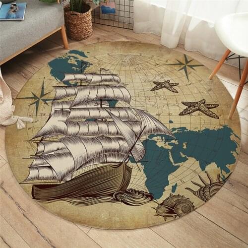 Fashion Sailing Ship Round Carpet Nautical Non-slip Area Rugs World Map Retro Floor Mat Round Carpet