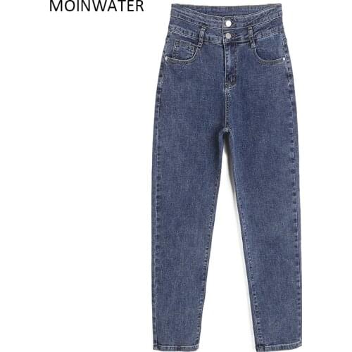 MOINWATER Women New High Waist Jeans Lady Blue Denim Pants Female Harem Jeans Trousers MP2013