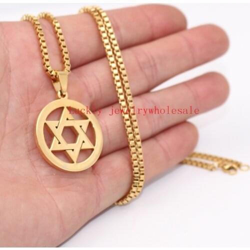 Mens Gold Six-Pointed Jewish Star of David Pendant Necklace Stainless Steel Jewelry 2.4mm 24'' Box Chain