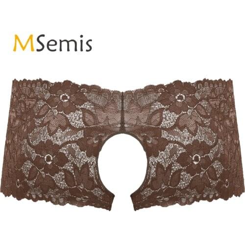 Mens Lingerie Crotchless Sissy Underwear Hollow Out Floral Lace Low Waist Underpants Plus Size Open Crotch Briefs Panties