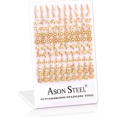 LUXUKISSKIDS 60paris/lot Mix Patterns Gold Small Stud Earrings Set Stainless Steel Screw Plug Earring For Women Kids Girl Men