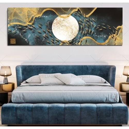 Wall Art Canvas Prints New Chinese Style Landscape Mountain Moon Night Gold Tree Birds Painting Living Room Decor Wall Poster