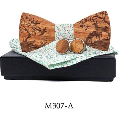 New Wooden Bow Tie Set Christmas Elk Pocket Square Towel Cuff Gift Box for Men Gift Set for Man In A Box