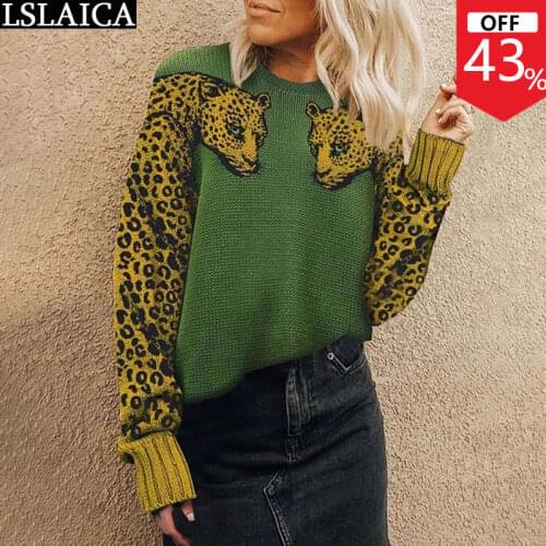 New Sweater Women Round Neck Leopard Patchwork Knit Long Sleeves Autumn Casual Ladies Knitwear Sweater Crop Top Chandail+Femme
