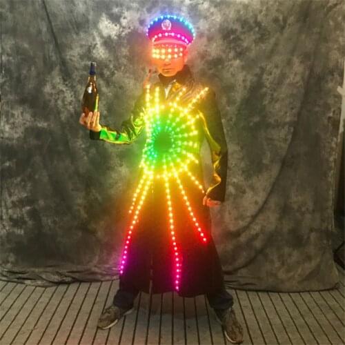 P75 Colorful led light costumes robot men suit luminous lighted jacket bar led dress clothe disco coat glowing outfits glasses