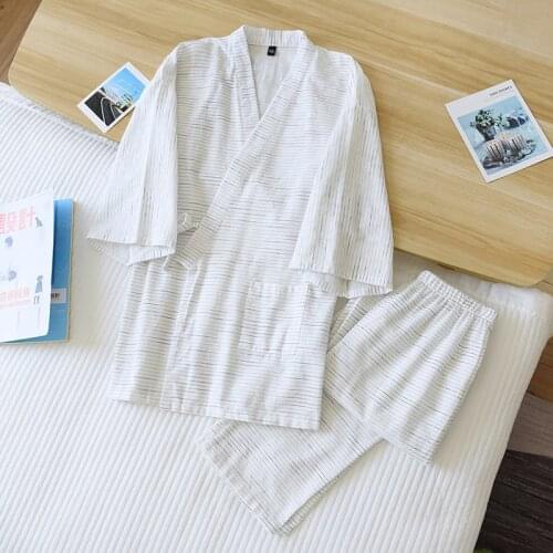 Mens Kimono 2 Piece Pajamas Men Spring And Summer New Cotton Bathrobe Two-Piece Long Pajamas Home Service Set Robe Sets