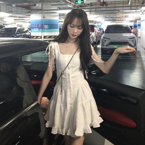 Dress with Square Neckline White Suspender Dress Female Summer New Style Korean Version of The Waist and Thin A-line Skirt