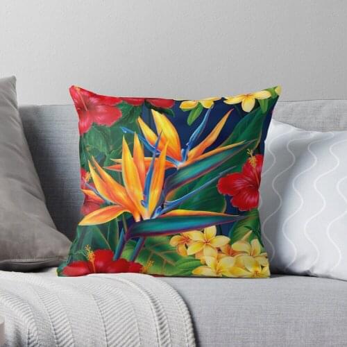 Pillowslip Tropical Paradise Hawaiian Birds of Paradise Illustration Throw Pillow 100% Cotton