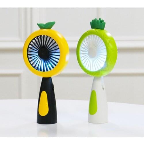 Cartoon Pineapple Fruit Handheld USB Rechargeable Mini Fan with LED Night Light 2 Speed Portable Desktop Air Cooler