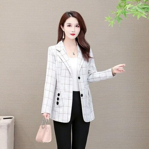 Plus Size 5XL Vintage Plaid Blazer Jacket Women Loose Long Sleeve Office Coat Pockets Casual Business Work Outerwear Office Tops