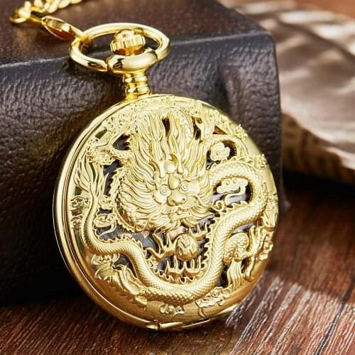 Luxury Golden Dragon Phoenix Hollow Exquisite Sculpture Skeleton Mechanical Pocket Watches Retro Men Chains Lucky Lover Wedding