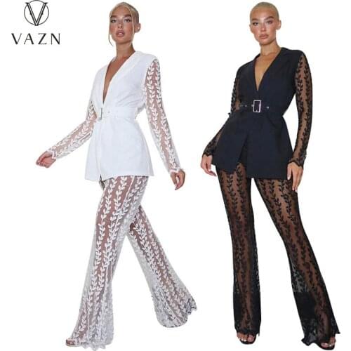 VAZN 2021 Business Office Style V-neck Lady Hole Out Lace Up Sexy 2 Piece Set Loose Women Top And Pant Summer