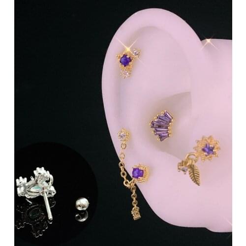 1 Pcs Leaf Chain Zircon Stud Earrings Stainless Steel Ear Bone Piercings For Women Fashion Jewelry Accessories