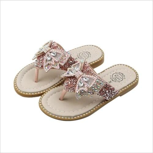 Girls Slippers Size 21-35 2021 New Summer Kids Bowknot Pearl Pinch Toes Flip Flops Princess Sequins Sandalias for teenagers
