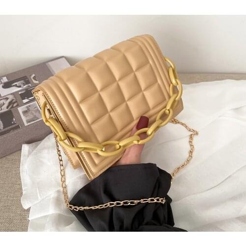 Fashion Messenger Tote Bag Casual Top-handle Chain Bag Street PU Lattice Handbag Popular Simple Female Daily Bag