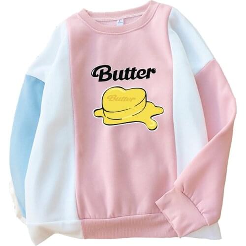 Bangtan Boys BUTTER Hoodie Women Hit Color Spliced O-neck Hooded Casual Korean Kpop Fashion Kawaii Female y2k Sweatshirt Clothes