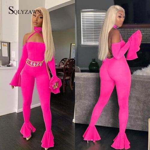 Flare Sleeve Slim Bodycon Women Jumpsuit Sexy Off Shoulder Elegant Rompers Flare Pants Red Skinny Playsuit Club Outfits Summer