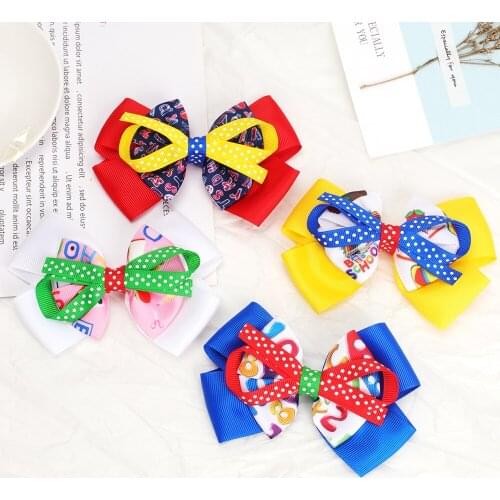 5in Ribbon Back To School Bow Printed Three Layer Hair Clips for Girls Hair Accessories Dance Party Bows Hair Barrettes for Kids