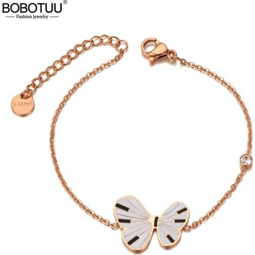 BOBOTUU Rose Gold Stainless Steel Butterfly Charm Animal Bracelets For Women Trendy CZ Crystal Chain Bohemia Jewelry BB20103