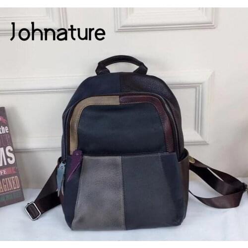 Johnature Vintage Bagpack 2020 New Genuine Leather Women Bag Random Color Stitching First Layer Cowhide Leisure Travel Backpack