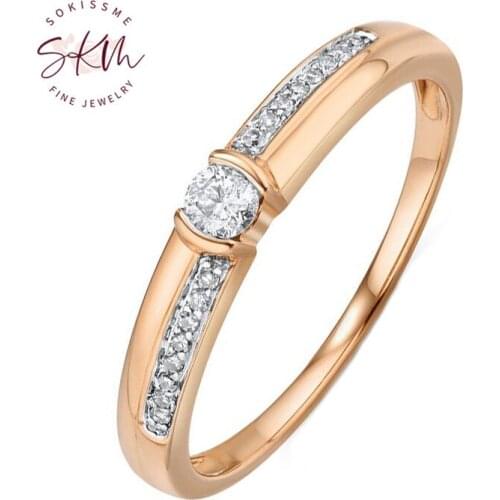 SKM Vintage Gold Rings For Women Genuine 14K 585 Rose Gold Ring Sparkling Diamond Promise Engagement Rings Anniversary Jewelry
