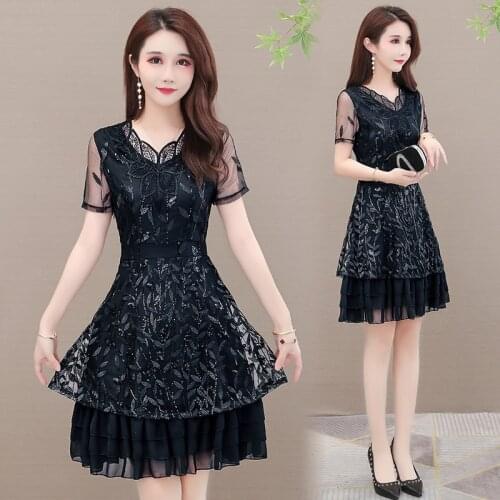 Casual Summer Dress Women Elegant Black Sequin Flower Embroidery Party Lace Dress Ladies Fashion Workwear Knee-Length Dress Midi