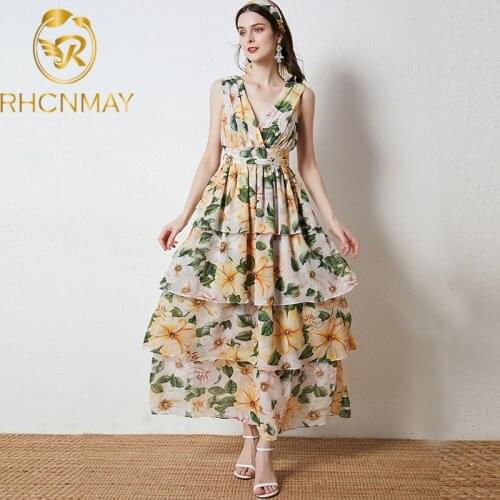 2021 Summer Fashion Runway V-Neck Long Dress Womens Sleeveless Yellow Camellia Print Cascading Ruffle Holiday Dresses