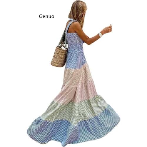 Women Pleated Sleeveless Maxi Beach Dress Summer Elegant Off Shoulder Bow Sling Party Dress Lady Fashion Striped Patchwork Dress