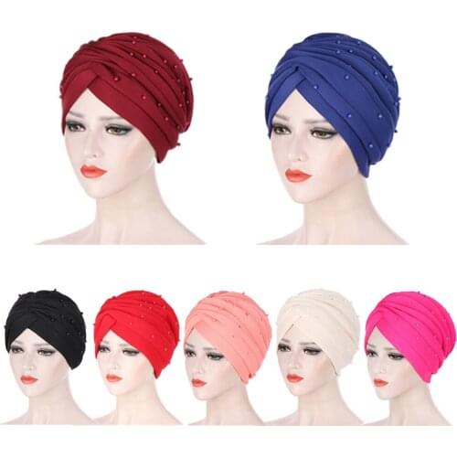 2020 Women Stretch Cotton Ruffle Caps India Hat Female Head Wraps Islamic Headscarf Bonnet Pearls Turban Hijab Muslim Turbantes