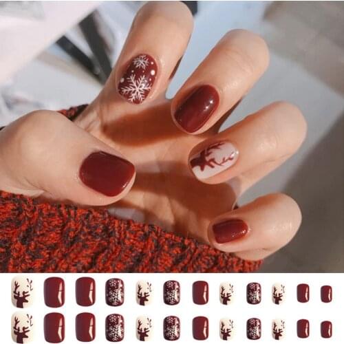 24Pcs Christmas Fake Nails Snow Deer Artificial Short False Nails With Design Press On Fingernail For Children Manicure Tools
