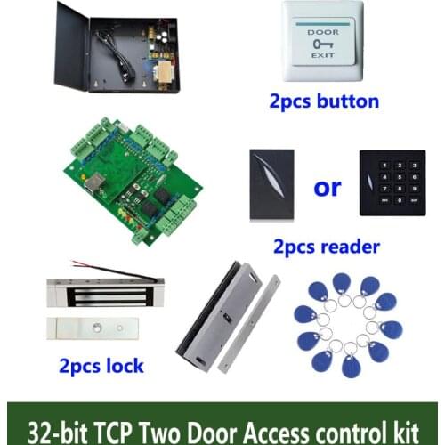 32-bit access control kit,TCP two door access control+power+180kg magnetic lock+U-bracket +ID reader+button+10 ID tag,:kit-T204