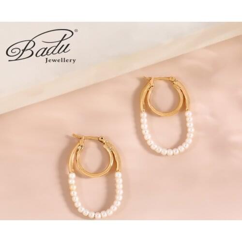 Badu 2021 New Korean Metal Geometric Hoop Earrings for Women Handmade Sweet Simulated Pearl Circle Jewelry Pendientes Gifts