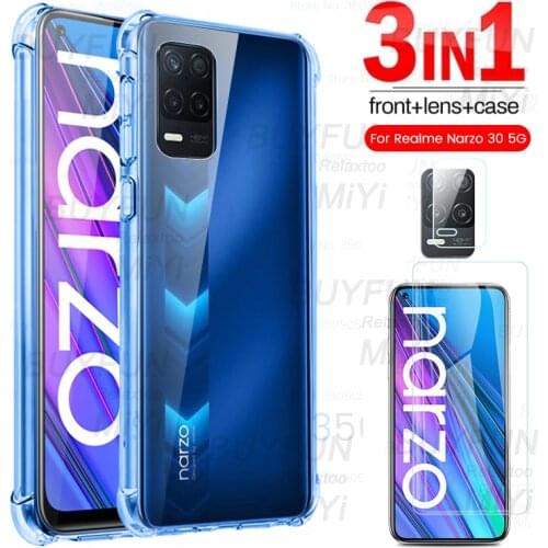 Camera Glass Realmi Narzo 30 5G Case Clear Airbag Phone Cover for Realme Narzo30 5G Tempered GlasSoft Silicone Shockproof Coque