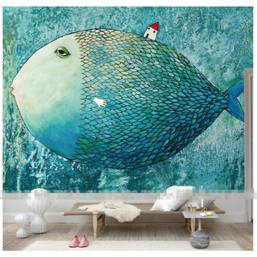 Childrens cartoon comic fish fairy ocean blue background wall poster mural wallpaper living room bedroom decoration painting
