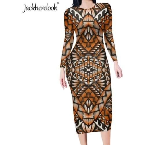 Jackherelook Womens Tunic Bodycon Dress Vintage Polynesian Tattoo Brand Design Long Sleeved Elegant Midi O-Neck Pencil Dresses
