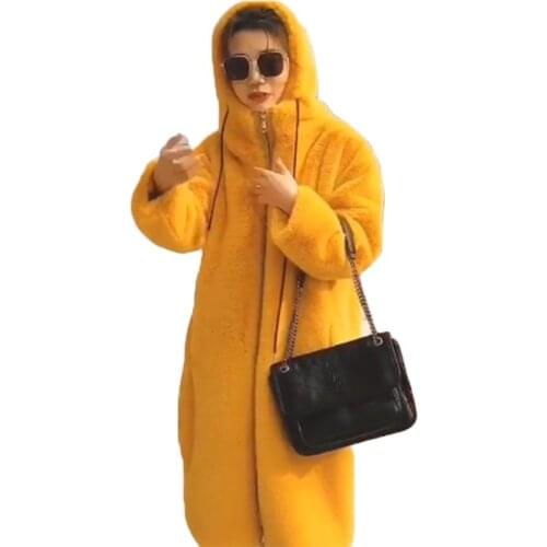 Oversized Winter Warm Hooded Jacket Women Thicken Long Coat Solid Color Faux Fur Coat Women Casual Women Fur Faux Jacket Outwear