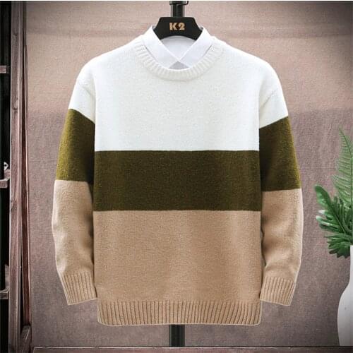 Mens Patchwork Knitted Sweaters Pullover Casual Long Sleeve Jumper Male Autumn Winter Fashion Round Collar Men Pullovers Trendy