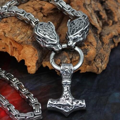 Men Stainless steel Nordic viking wolf Paw head with Mjolnir hammer pendant necklace with King chain