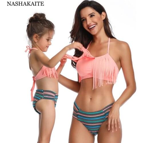 NASHAKAITE Mommy and me swimsuit Bikini Set Solid Tassel Adjustable Swimwear Summer Beach Holiday Swimming Suit Family Swimsuits