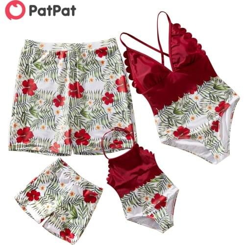 PatPat 2021 New Summer Family Look Floral Print Stitching Solid One-piece Matching Swimsuits