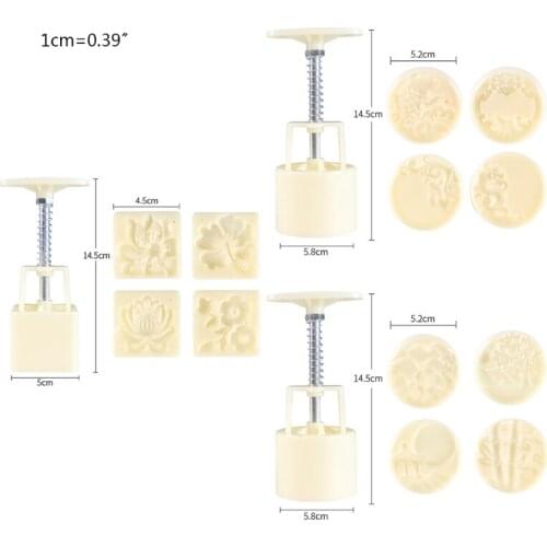 Plastic Mooncake Mold 65g Cookie Cutter 4 Round Square Stamps Hand Press Pastry