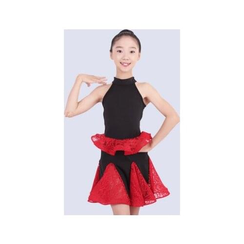 2019 Lace Kids Newest Sexy Ballroom Dresses Tango Salsa Latin Dance Dress Children Red Black Lace Dress For Girls sleeveless