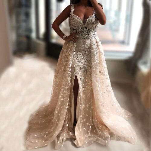 Amazing 3D Flower Embroidery Lace Evening Dress Detachable Over Skirt Sweetheart Sheer Illusion Beaded Long New vestido de noiva