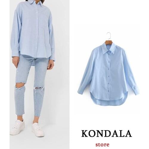 KONDALA Za 2021 Women Solid Shirts 100%cotton Fashion Streetwear Casual Oxford Button Loose Shirt Mujer Ladies Tops